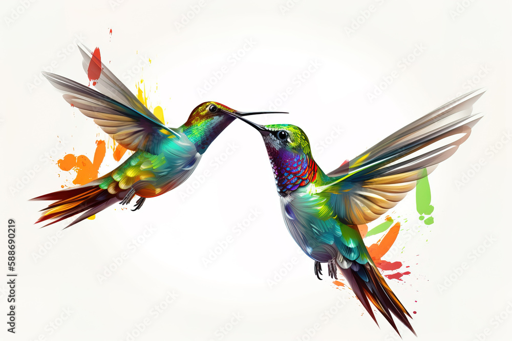Obraz premium image of brightly colored hummingbirds in flight on white background. Wildlife. Birds. illustration, generative AI.