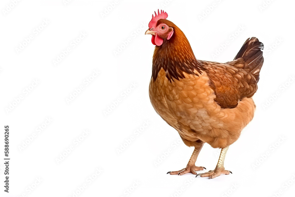 Fototapeta premium image of standing brown hen on white background. Farm Animals. illustration, generative AI.
