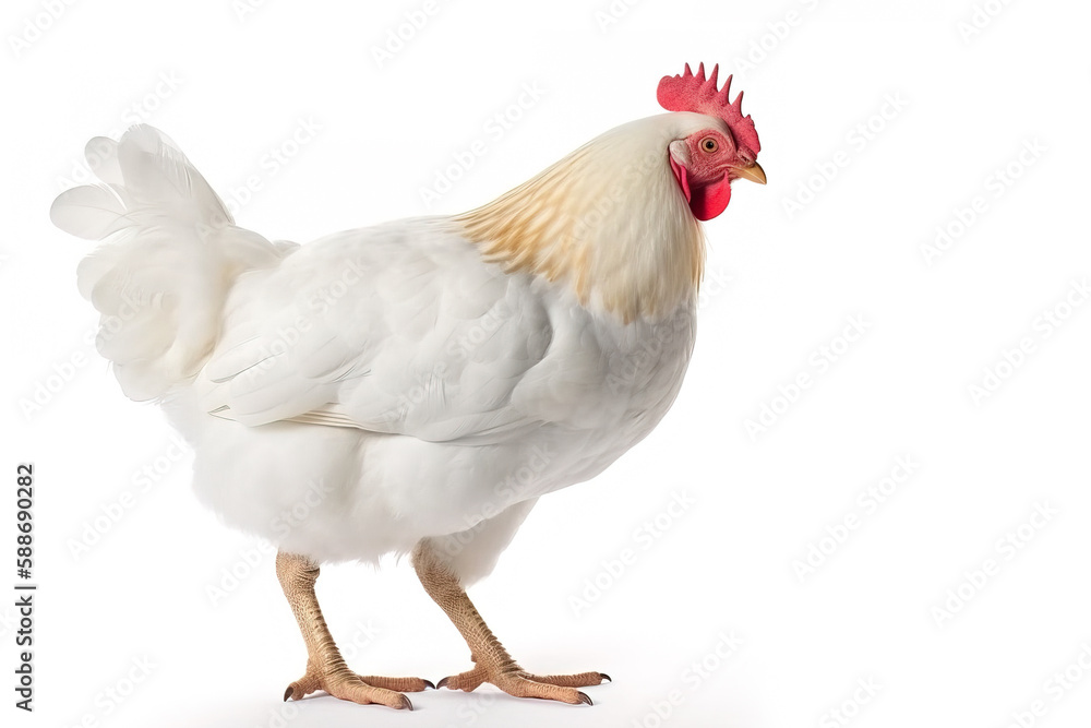 Fototapeta premium image of standing white hen on white background. Farm Animals. illustration, generative AI.