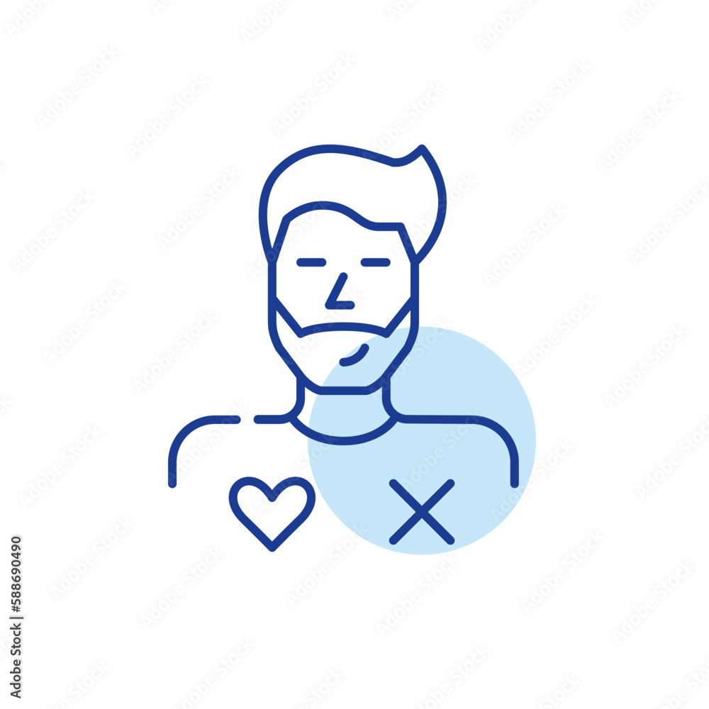 Man user of dating app with match or miss symbols. Finding romantic partner online. Pixel perfect, editable stroke icon
