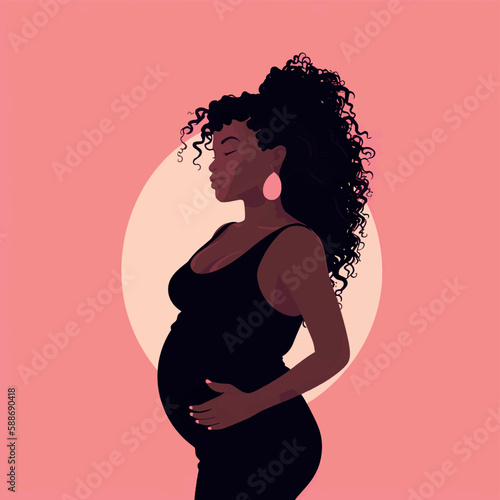 Beautiful black dark skin pregnant woman banner with copy space, concept of pregnancy, parenthood, Card for design, Vector flat illustration on a light pink background.