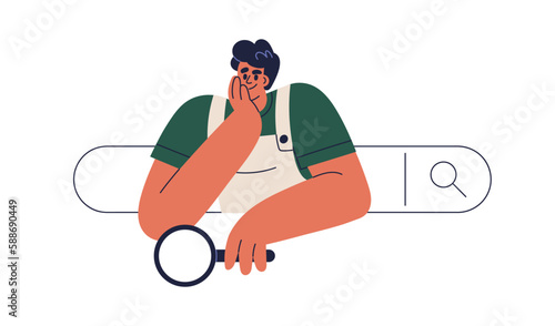Search engine optimization, customers query analysis concept. Man with magnifier peeking out of bar in web browser, surfing information online. Flat vector illustration isolated on white background