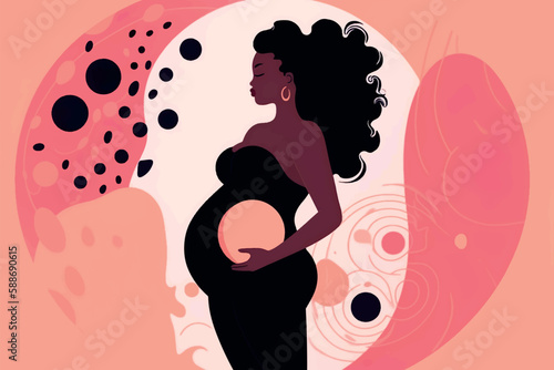 Beautiful black dark skin pregnant woman banner with copy space, concept of pregnancy, parenthood, Card for design, Vector flat illustration on a light pink background.