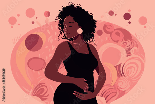 Beautiful black dark skin pregnant woman banner with copy space, concept of pregnancy, parenthood, Card for design, Vector flat illustration on a light pink background.