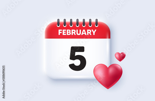 5th day of the month icon. Calendar date 3d icon. Event schedule date. Meeting appointment time. 5th day of February month. Calendar event reminder date. Vector
