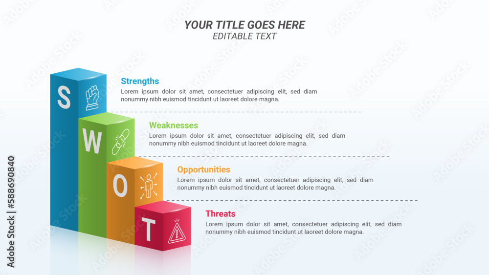 SWOT Analysis Infographics with Business Icons and 3D Stairs on a 16:9 Ratio Layout for Business Advantages and Disadvantages, Business Goals, Business Reports, and Website Design.