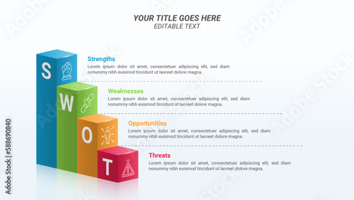 SWOT Analysis Infographics with Business Icons and 3D Stairs on a 16:9 Ratio Layout for Business Advantages and Disadvantages, Business Goals, Business Reports, and Website Design.