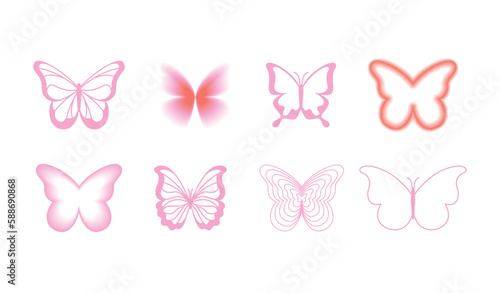 Vector set of design elements and illustrations in simple minimalist linear style - self care and love, prints and posters in y2k style, butterflies