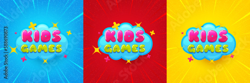 Kids games sticker. Sunburst offer banner, flyer or poster. Fun playing zone banner. Children games party area icon. Kids games promo event banner. Starburst pop art coupon. Special deal. Vector