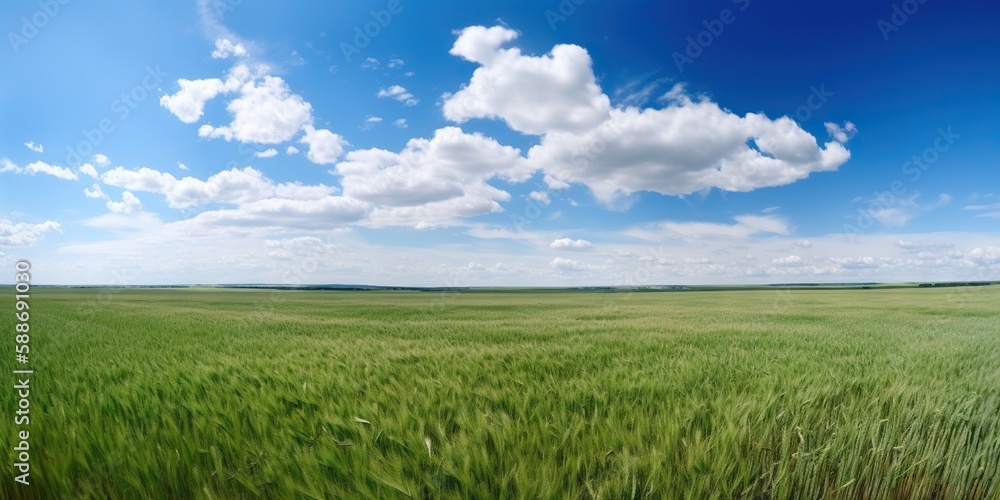 Empty green field and blue sky with rare clouds. Generative AI