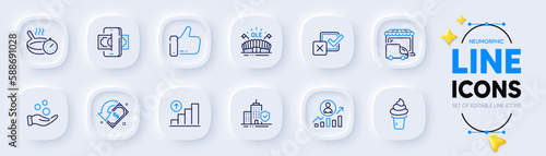 Delivery truck, Graph chart and Ice cream line icons for web app. Pack of Career ladder, Frying pan, Apartment insurance pictogram icons. Donation money, Cashback, Checkbox signs. Vector