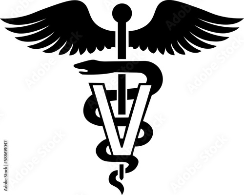 Veterinary caduceus symbol icon. Snake and stick with wings. Veterinary medicine logo. Pet care. Isolated on white background. Vector illustration.