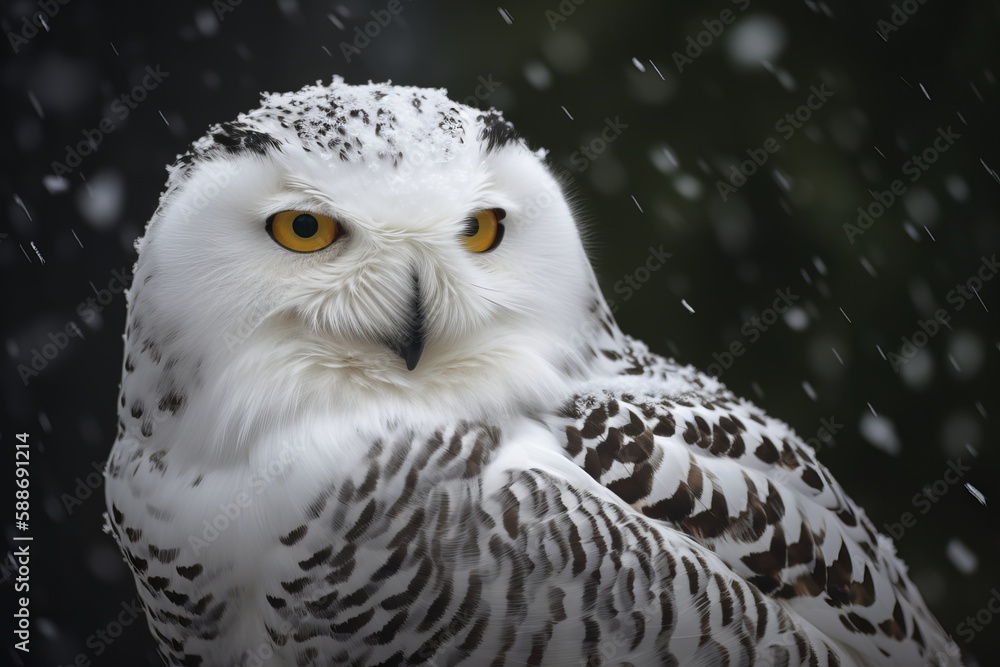 Snowy Owl in a winters scene and a woodland setting