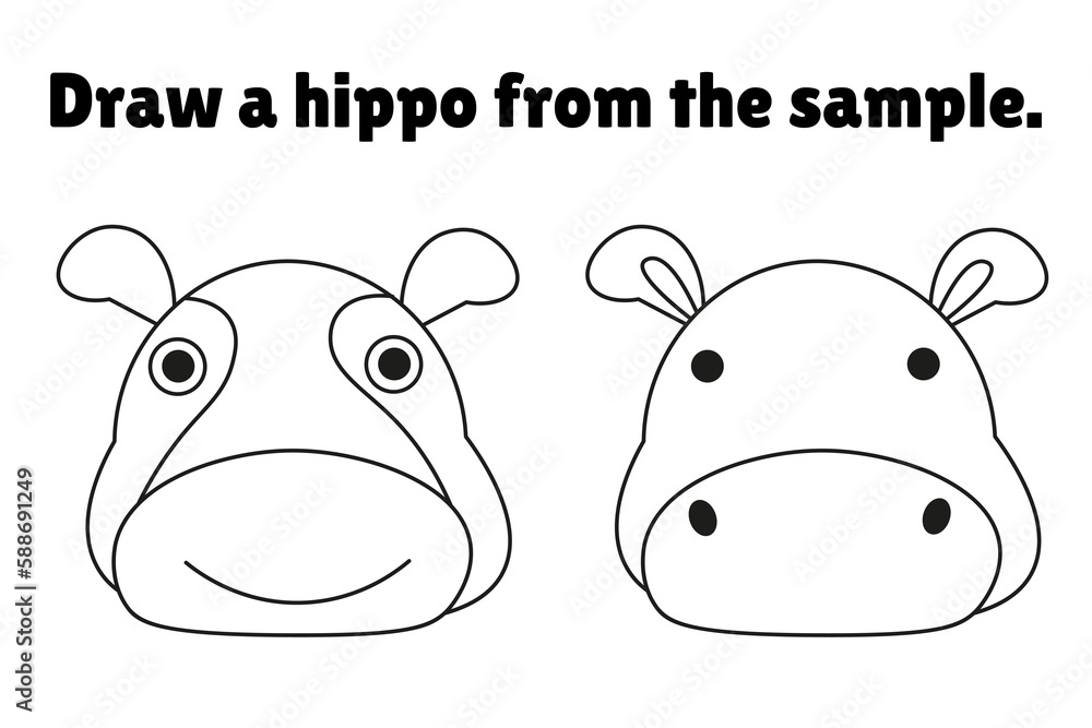 Draw hippo from sample. Educational game for children. Cute animal in cartoon style. Black and white vector illustration.