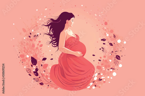 Beautiful pregnant woman banner with copy space, concept of pregnancy, parenthood, Card for design, Vector flat illustration on a light pink background.