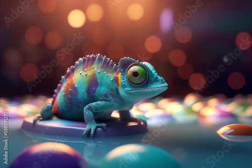 The Playful Pool Party Chameleon: A Fun Photorealistic Cartoon Character Splashing Around