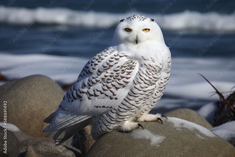 Fototapeta premium Snowy Owl in a winters scene and a woodland setting