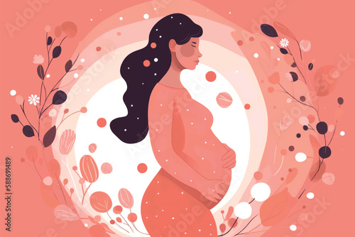 Beautiful pregnant woman banner with copy space  concept of pregnancy  parenthood  Card for design  Vector flat illustration on a light pink background. 