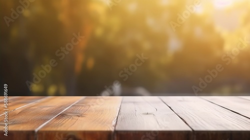Wooden boards for placing goods with blurred golden natural light scenes. AI-generated images