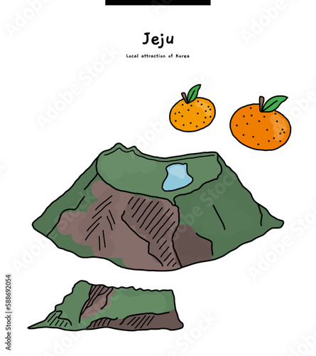 This is an image representing Jeju Island in Korea. Tangerine, Seongsan Ilchulbong, Hallasan, and Baeknokdam.