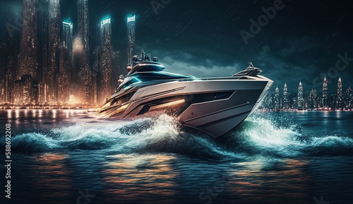 Luxury yacht in the sea at night. Generative digital illustration of the AI of a nonexistent boat model