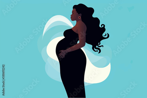 Beautiful black dark skin pregnant woman banner with copy space, concept of pregnancy, parenthood, Card for design, Vector flat illustration on a light blue background. 