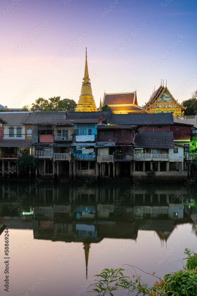 Vertical shot of the Chanthaburi riverfront, Thailand