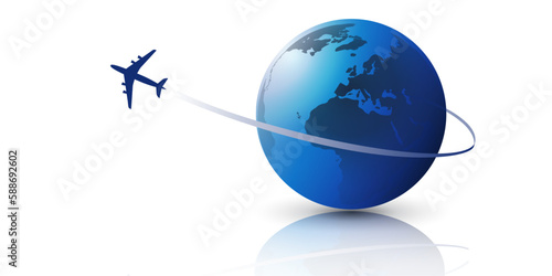 Airplane Flying All Around Planet Earth, Blue Globe - Transportation, Traveling By Air Concept, Vector Illustration - Reflective Design on White Background with Copyspace, Place, Room for Your Text