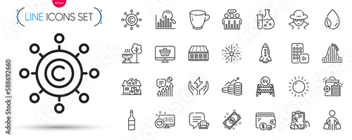 Pack of Search, Fireworks explosion and Leaf dew line icons. Include Kpi, Wine, Payment pictogram icons. Growth chart, Copywriting network, Employees group signs. Web shop. Search outline sign. Vector