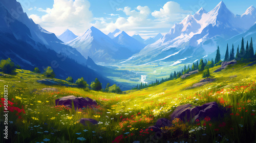 A peaceful meadow filled with colorful wildflowers and gently flowing streams. with soft and warm lighting, snow-capped mountains
Created using generative IA