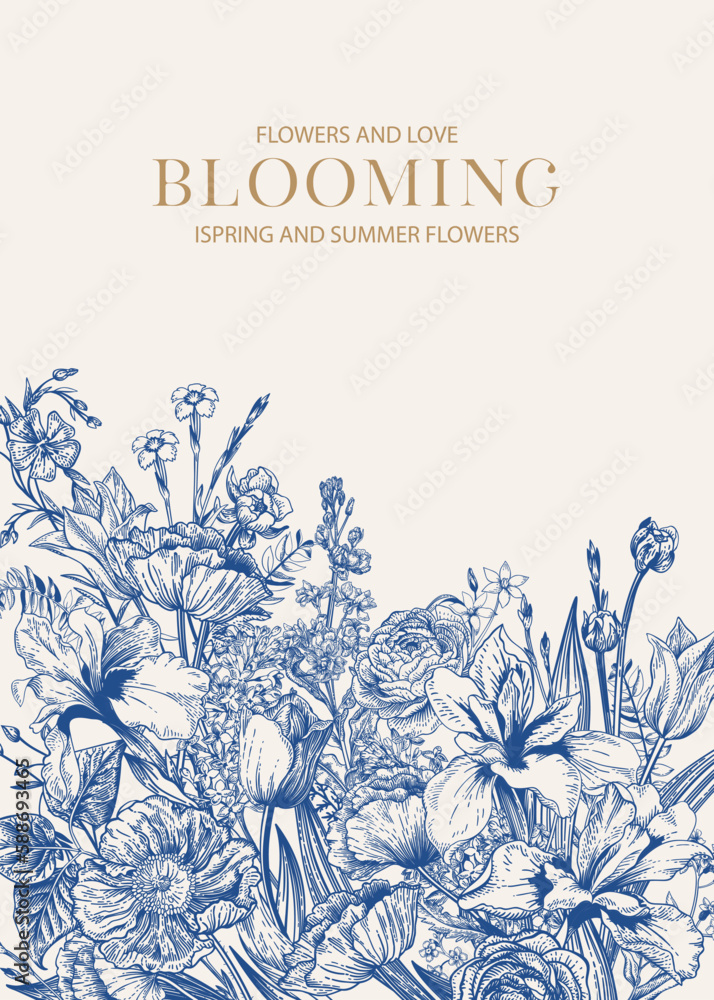 Invitation with spring garden plants.  Floral border with blue flowers. Blooming garden. Vector illustration.