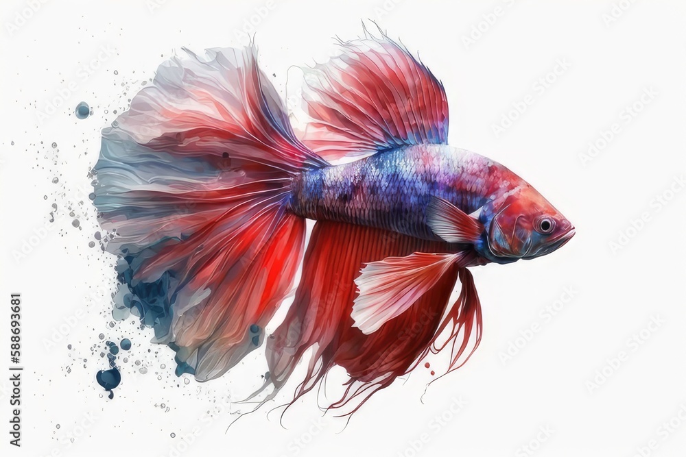 Fototapeta premium Red Betta fish water color paint on white background