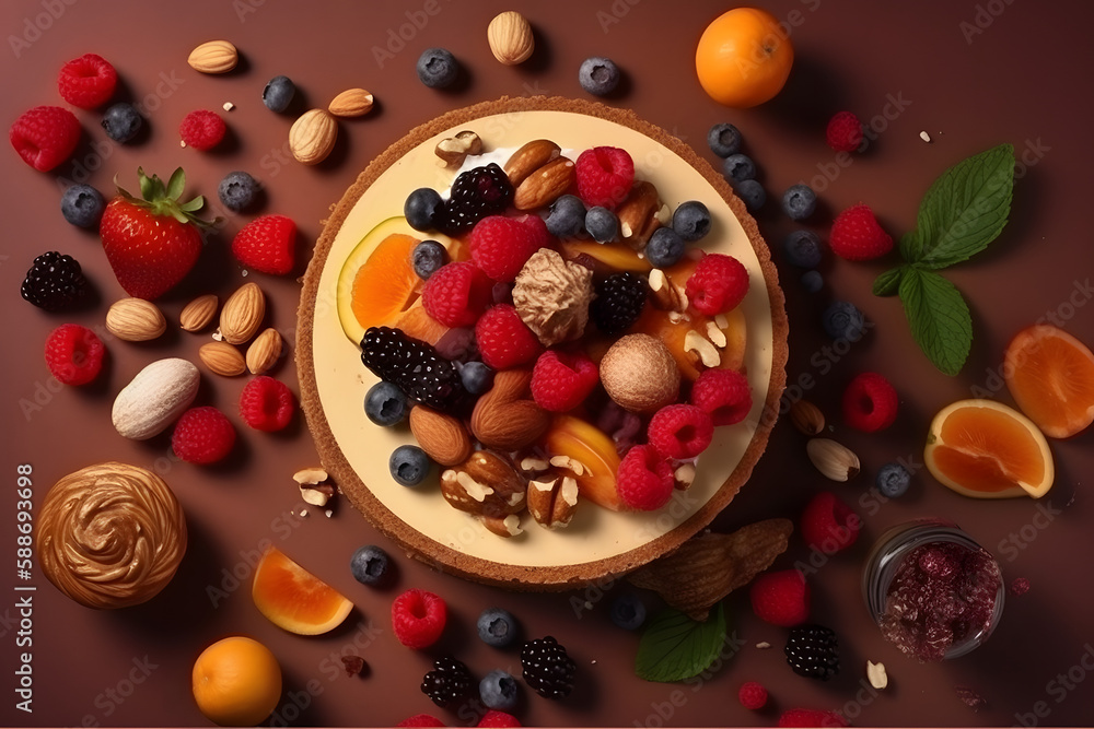 Cheesecake with Fresh Fruits and Nutty Crust. Generative AI Cheesecake with Fresh Fruits and Nutty Crust. Generative AI