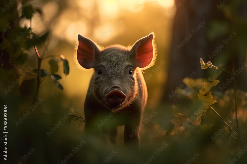 Loan Piglet walking in the sun drenched woodlands. Loan Piglet walking in the sun drenched woodlands.