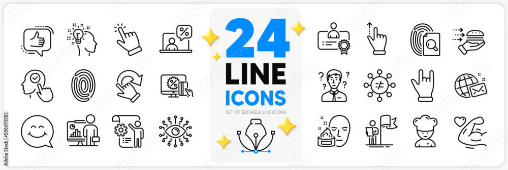 Icons set of Touchscreen gesture, Select user and Settings blueprint line icons pack for app with Inspect, Support consultant, Cursor thin outline icon. World mail, Food delivery. Vector