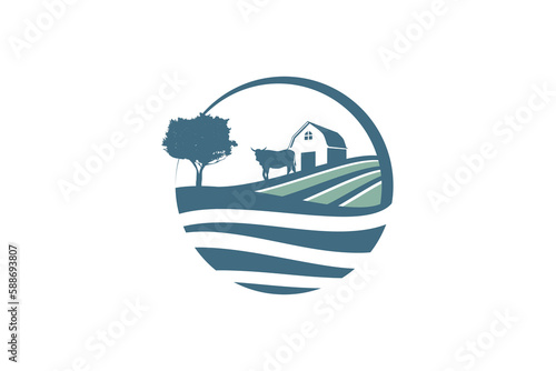 nature farm logo with a combination of a barn, field, cow, and tree with a beautiful view.
