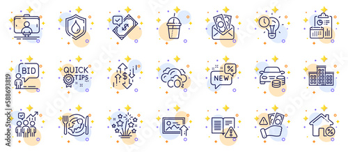 Outline set of Seafood, Coffee cocktail and Loan house line icons for web app. Include Company, Instruction manual, Upload photo pictogram icons. Co2, Accepted payment, New signs. Vector