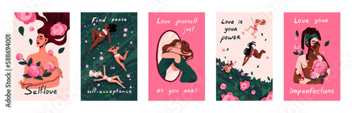 Love Yourself postcards set. Women motivation cards designs with quotes about self-acceptance, support phrases, happy girls, female power, care. Inspiration concept posters. Flat vector illustrations