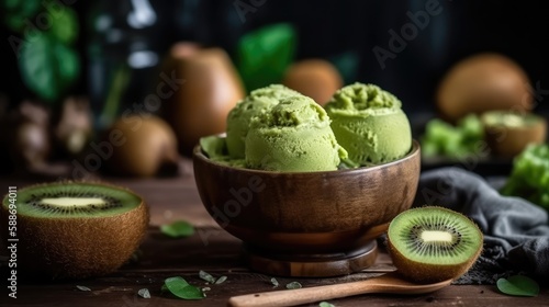 Ice cream in a plate with kiwi fruit on the table. Kiwi-flavored ice cream. The concept of delicious and healthy food. AI generated