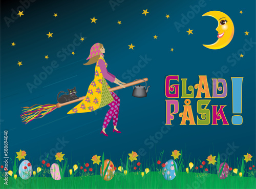 Easter witch, in Swedish called Påskkärring (Sweden), flying on traditional broom with coffee kettle and black cat. Text in Swedish means Happy Easteer, Glad Påsk. Isolated. Vector illustration.