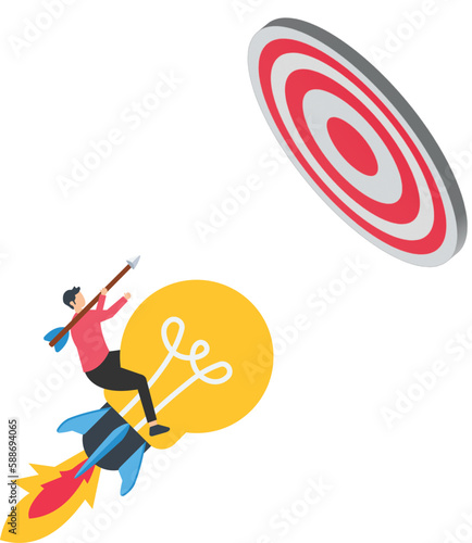 Idea to achieve target, strategy or planning to achieve goal, innovation concept, reach target, solution or creativity concept, man shoot at target board concept, startup new business illustration
