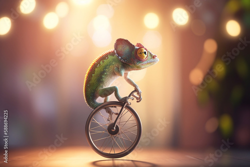 The Funny Chameleon Riding a Unicycle in a Circus Performance photo