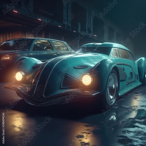 night car in the city, Oldtimer, futuristic concept car, AI generated © Kai