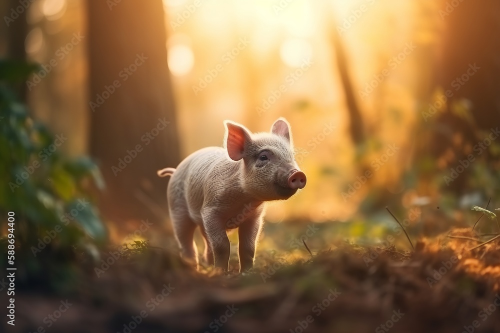 Loan Piglet walking in the sun drenched woodlands. Loan Piglet walking in the sun drenched woodlands.
