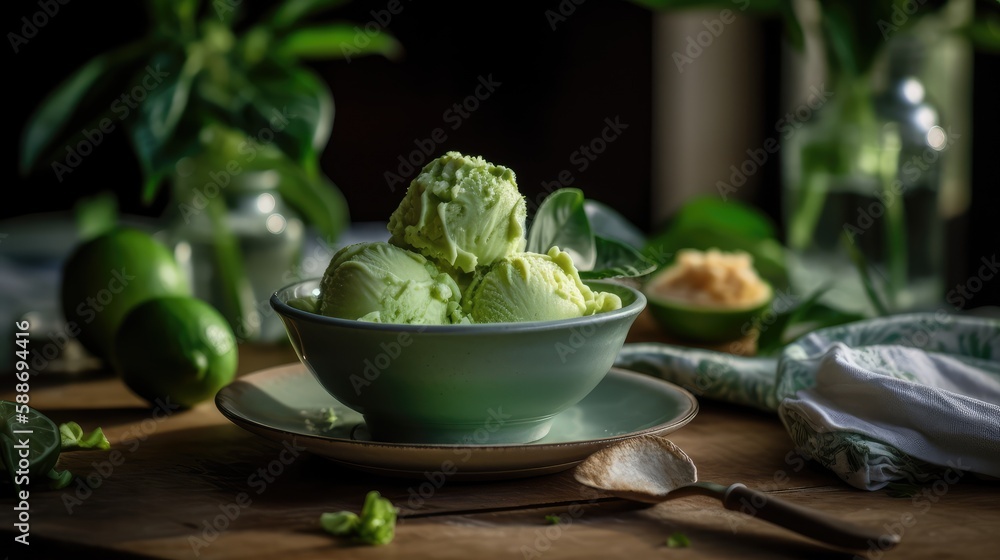 Ice cream on a plate and lime on the table. Lime-flavored ice cream. The concept of delicious and healthy food. AI generated Ice cream on a plate and lime on the table. Lime-flavored ice cream. The concept of delicious and healthy food. AI generated