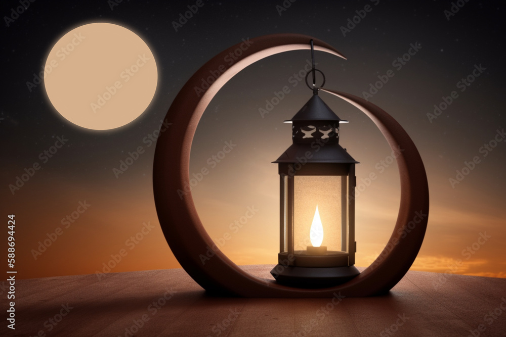 Ramadan Kareem background with crescent moon and candle Generative ai