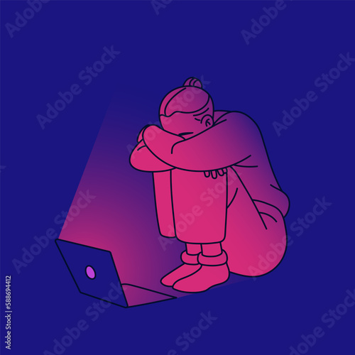 Sad unhappy girl in despair, grief at laptop computer. Stressed depressed woman crying, feeling sadness. Burnout, depression, loneliness, psychology problem concept. Flat vector illustration