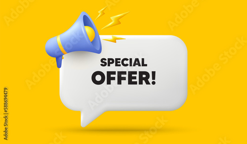 Special offer tag. 3d speech bubble banner with megaphone. Sale sign. Advertising Discounts symbol. Special offer chat speech message. 3d offer talk box. Vector