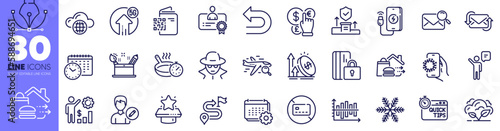 Search mail, Agent and Food delivery line icons pack. Undo, Calendar time, Journey web icon. Frying pan, Excise duty, Quick tips pictogram. Certificate, No card, Calendar. Qr code. Vector