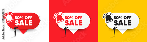 Sale 50 percent off discount. Speech bubbles with bell and woman silhouette. Promotion price offer sign. Retail badge symbol. Sale chat speech message. Woman with megaphone. Vector